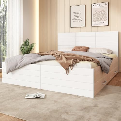 Doppelbett Holzbett Bettanlage, mit 2 Schubladen,Modernes Bett inkl. Bettgestell &Lattenrost,Set in Eiche/Weiß(Ohne Matratze) (140x200CM)