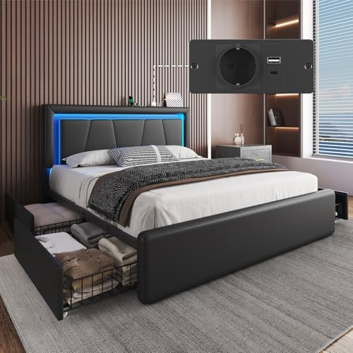 Polsterbett 160x200 mit 4 Schubladen, Bett mit LED & Ladestation, Schwarz | Modern Bettgestell 160x200 cm mit Verstellbarem Kopfteil, Metallbett Doppelbett mit lattenrost, Kunstleder, Einfache Montage