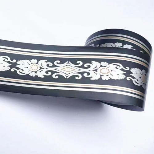 VisitRyl Black Silver Wallpaper Border Self Adhesive Wall Tiles Decorative, Peel and Stick Wall Border Bathroom Stickers Black Silver European Flower 12cm X 1000cm
