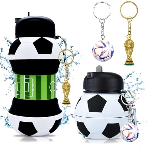 Bottiglia d'acqua Pieghevole per Bambini e Adulti, Borraccia Silicone Calcio con Portachiavi a Forma di Trofeo, Bottiglia 550 ml Thermos Adatta a Campeggio Viaggi Sport per Regalo (Rosso)