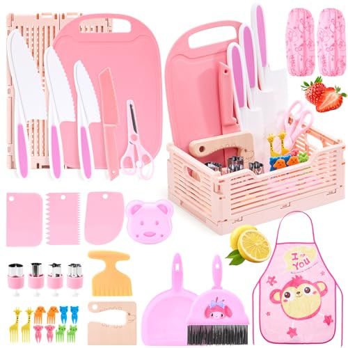 XueerQueer Kit de Couteaux Sécurité pour Enfants - 30 Pièces Montessori (3-10 Ans) | Couteaux Enfant Coupants pour Fruits & Légumes | Inclus Planche à Découper & Accessoires(Rose)