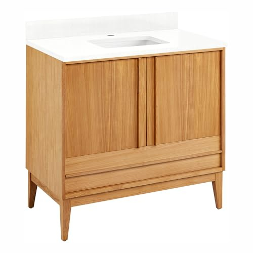 Signature Hardware 955208-36-RUMB-1 Sybill 36 Freestanding Teak Single Basin Vanity Set with Cabinet, Vanity Top, and Rectangular Porcelain Sink - Single Faucet Hole - Natural Teak/Feathered White