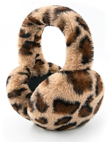 SEYUFN Ohrenschützer für Damen, faltbar, Pelz, flauschig, Winter, Ohrenschützer, Mädchen, warm, Ohrwärmer, weich, für den Außenbereich, A-Leopard dunkel, One size