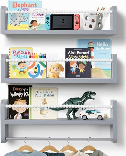 Mazjoaru Wandregal Kinderzimmer Weiß-Grau, Bücherregal Wand, 3Er-Set | Kiefernholz Mit Holzperlen-Front Und Stange Bietet Platz Für Bücher Und Kleinteile; Zur Wandmontage Im Kinderzimmer.