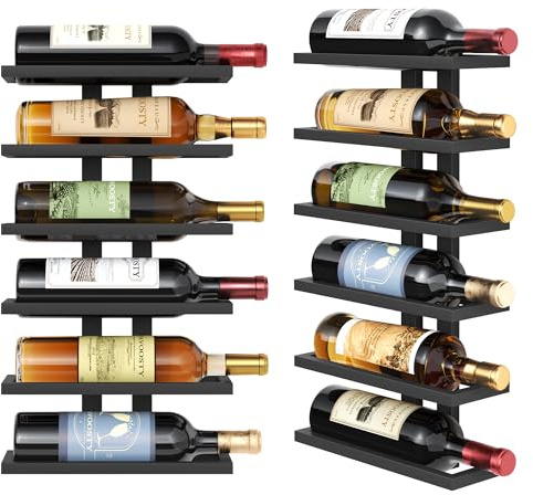 FAVOOSTY Portabottiglie da parete, portabottiglie con 6 livelli, in metallo, per bottiglie di vino, colore nero, per sala da pranzo, camera da letto, cantina (nero, 1 set)