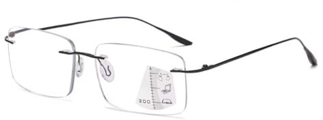 Gleitsichtbrille randlos rahmenlos Lesebrille Metallrahmen schwarz Multifokale randlose Gläser Damen Herren (wahlweise +1.00 +1.50 +2.00 oder +2.50 Dioptrien) Tasche und Brillentuch