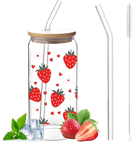 YAOYYG Vasos con Tapa y Pajita, Elegante Vaso de Cristal de 16 oz con Tapa y Pajita, Una Taza Con Un Patrón de Crisantemo, Aptos para Cócteles, Helados, Jugos o Café (Patrón de Fresa)