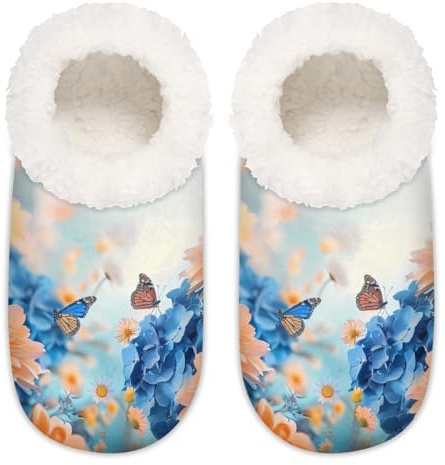 Mexpekil Pantoufles antidérapantes pour femme Motif hortensias bleus Orange Marguerite Fleur Papillon, Hortensias bleus orange marguerite fleur papillon, Large