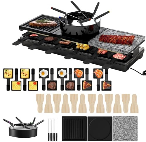 UISEBRT Parrilla para 12 personas, parrilla para raclette 3 en 1 con sartenes, juego de fondue, piedra caliente, 12 sartenes y 12 espátulas de madera, parrilla antiadherente para raclette, 1650 W