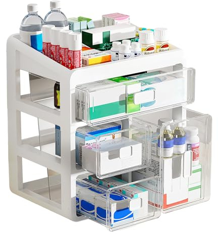 Yolispa Medikamenten aufbewahrung, Hausapotheke Box mit 4 Schubladen, Groß Medizinbox Medizinkoffer Erste Hilfe Koffer Container Desktop Lagerung Schublade für Heimbüro Wohnheim (Transparentes Weiß)