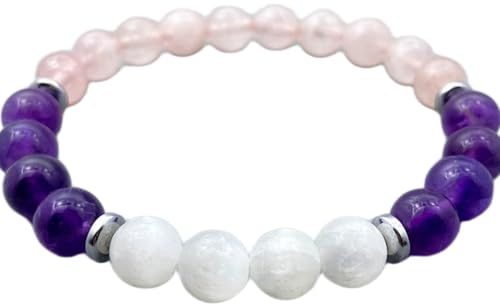 natürlicher Amethyst & Selenit & Rosenquarz-Edelstein 8 mm | runde Form, glatt geschliffener Stein | 7 Zoll | mehrfarbiger Edelstein | Energie-Stretch-Armband | handgefertigter Schmuck | LSB_01694