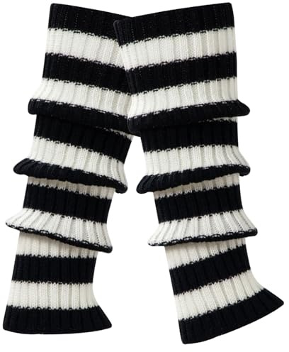 QINQINZIJIN Stulpen Damen Winter, Lange Gestrickt Beinwärmer, Gestreifte Beinstulpen, Modisch und Vielseitig, Warm und Bequem, für Damen Mädchen Weihnachten, Winter, Frühling und Herbst (Schwarz)