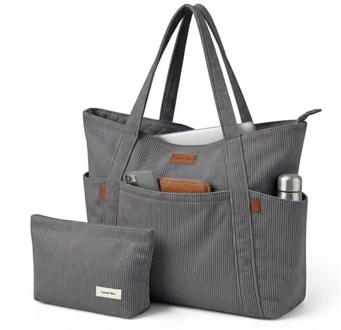 Captain Blues Tote Bag for Women with Zip, Large Capacity Work Bag with Compartments & Pockets, Soft Cotton Lining, for College, Teacher, Uni, School, Travel, Shopping (Grey)