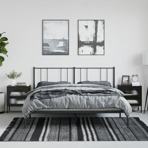 SKTQYQO Comodini Neri 2 Pezzi in Vetro Scanalato e Acciaio Verniciato a Polvere 50x35x60 cm con Ripiano Regolabile e Livellatori per Stabilità e Organizzazione Spazio Interno Design