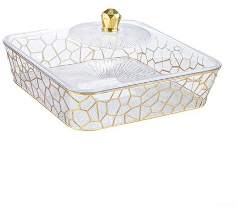 Besttoolifes Assiette à fruits avec couvercle, plat de service transparent à bord doré avec motif de pierre pour l'organisation de la cuisine et le centre de table à manger (transparent et doré, 22 x