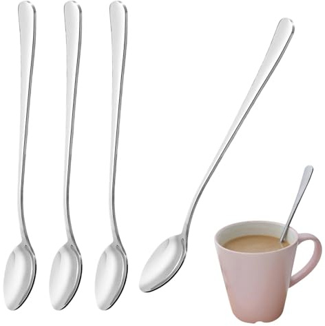 MNFPSJB 4 Pack Stainless Steel Long Handle Latte Spoons, Polished Silver Coffee Tea Spoons for Espresso Hot Chocolate Dessert Ice Cream