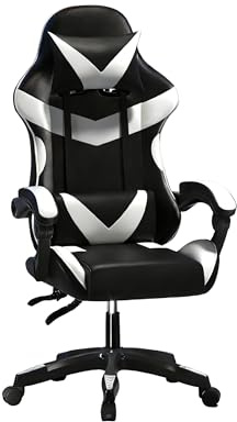 Baroni Home Sedia Gaming con Schienale Ergonomico Inclinabile e Altezza Regolabile, Sedia Ufficio con Supporto Lombare, Poggiatesta Imbottito, 50x62x110-120 cm, Nera e Bianca