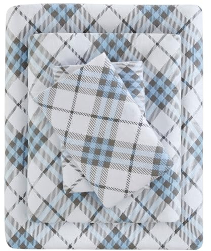 True North by Sleep Philosophy Cozy Flannel Warm 100% Cotton Sheet - Novelty Print Animals Stars Cute Ultra Soft Cold Weather Bedding Set, Twin XL, Blue Plaid 3 Piece
