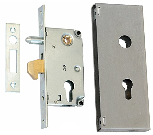 KeyMet Hakenschloss Einsteckschloss Schiebetürschloss 72/40 mit Führungsdorn, Silber, Verzinkt