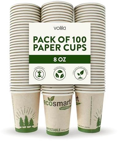 volila Paper Coffee Cups 100 Pack, 8 Oz Recyclable Coffee and Tea Paper Cups, Compostable Cups for Hot Chocolate and Cappuccino, Biodegradable Cups Perfect for Office and Cafe