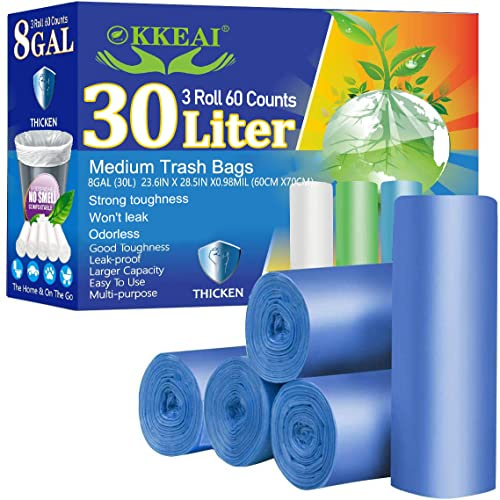 OKKEAI Biologisch abbaubare Küchen-Müllbeutel, 30 l, dickere Recyclingbeutel, mittlere Müllbeutel für Zuhause, Büro, Rasen, Badezimmer, 60 Stück, Blau