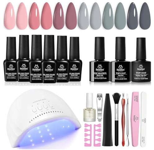 Beetles Gel Nail Polish Kit with U V Light 48W LED Nail Lamp 6 Colors Nude Grays Pink Gel Polish Starter Kit Manicure, Soak Off U V LED Gel Nail Polish Set Salon DIY Home Christmas Gift Decorations