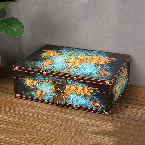 Vintage Wood Treasure Chest With Map Leather Surface - Keepsake Jewelry Box for Kids, Teenagers and Adults - Pirate Storage Box With Lock - 10.6x8.6x3.6