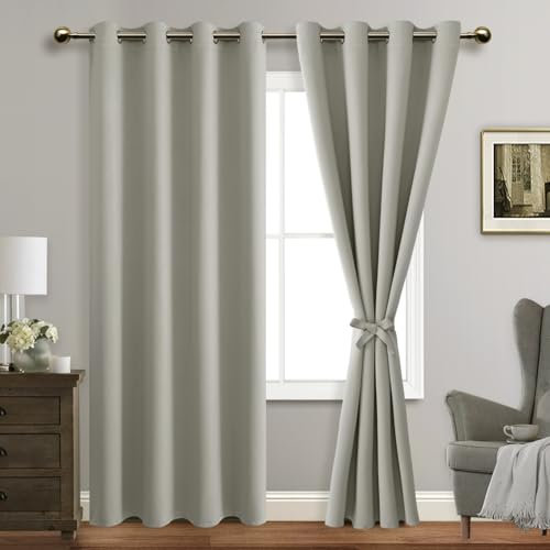 ROSETTE Silbergraue Verdunkelungsvorhänge mit Raffhaltern, wärmeisolierend, lichtblockierend und geräuschreduzierende Ösen, Set mit 2 Vorhängen, 132x213 cm Länge