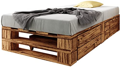 sunnypillow Palettenbett M2 aus Holz 100 x 200 cm mit Lattenrost und 2 Bettkästen. Stabiles Seniorenbett Kinderbett Jugendbett Gästebett erhöhtes Einzelbett Bettgestell Futonbett Komforthöhe Geflammt
