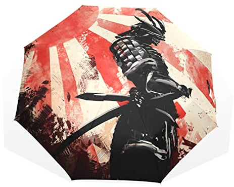 Regenschirm Japanisches Samurai Muster Druck Winddicht 3 Falten Regenschirm für Damen Herren Mädchen Jungen Unisex Ultraleicht Outdoor Reise Kompakter Regenschirm