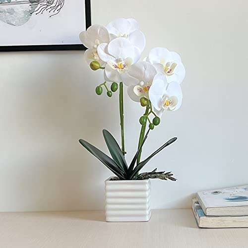 Artificial Orchids for Home Decor Indoor Silver Vase Orchids Artificial Flowers(White）
