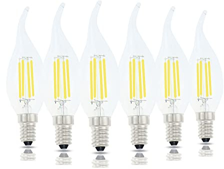 Lamsky E14 LED Bulb European Base 4W LED Chandelier Light Bulbs Dimmable 40W Equivalent,Flame Tip Candelabra LED Bulbs,110V 6000K Daylight White,6 Pack