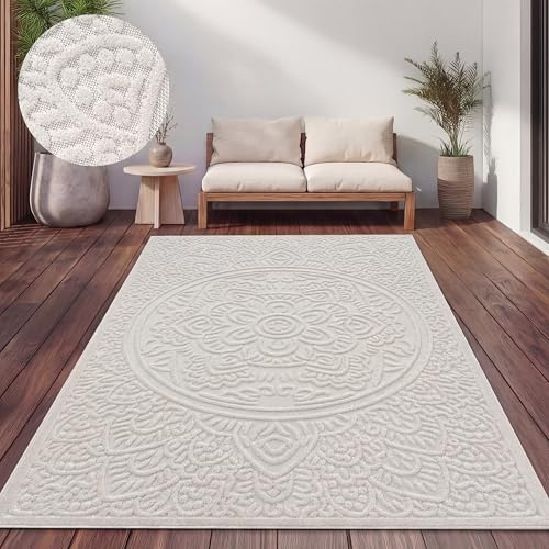 Paco Home Teppich Outdoor Wetterfest, Moderne abstrakte Boho Designs mit 3D Struktur, Pflegeleicht, ideal für Terrasse Wohnzimmer & Küche, Grösse:160x220 cm, Farbe:Creme 3