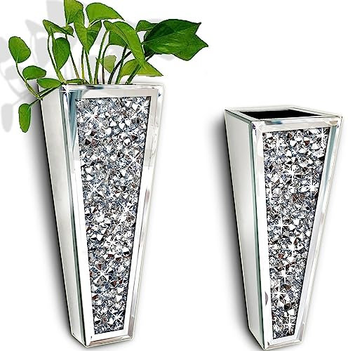 XIHACTY Large Size Diamond Mirrored Hanging Planter, Silver Decorative Mirror Vase Luxury for Home Decor, Benefits Faux Plants, Can Hold Water (Set of 2)