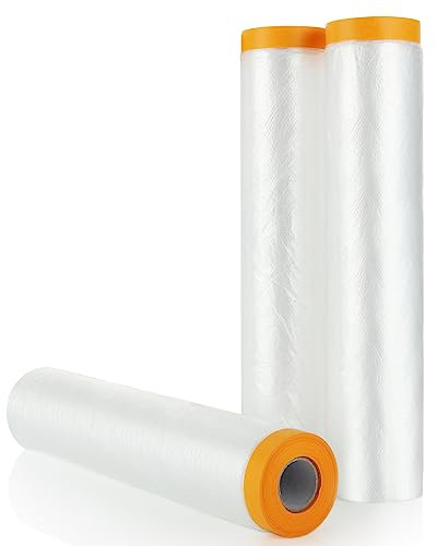 SENENQU 3 Rolls Plastic Dust Sheets for Decorating, 4m x 20m Waterproof Masking Film Rolls, Pre-Taped Plastic Drop Film for Painting Furniture Covering