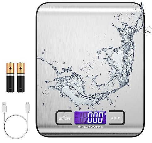 HUSAIHU Digital Kitchen Scales, 10kg/22lb Electronic Cooking USB Stainless Steel Food Waterproof Scales with LCD Display, Accurate for Home, Office, Baking, Dieting, Cooking