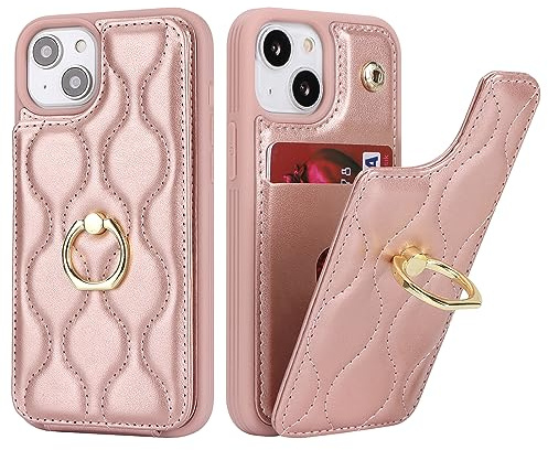 SailorTech Custodia per iPhone 13 Mini con Portacarte per Donne, Anello Stand, Kickstand e Carta di Credito - Carino e alla Moda - Oro Rosa