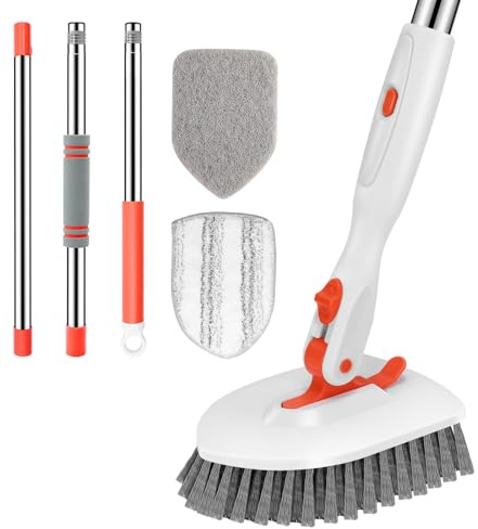 SetSail Floor Scrub Brush, 3-In-1 Tile Tub Floor Scrubber with 52-inch Adjustable Long Handle Shower Cleaner Brush and 3 Detachable Replacement Heads for Cleaning Bathroom Kitchen Walls Tub Tile