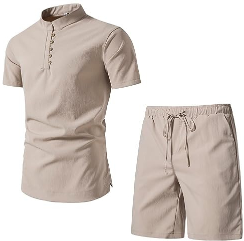 Herren Henley Hemd Set Stehkragen Einfarbig Causal Shirt Herren Set Lose Atmungsaktiv Poloshirt Herren Set Chinesischer Stil Herren Kurzarm Shorts 2-Teiliges Set G-Beige M