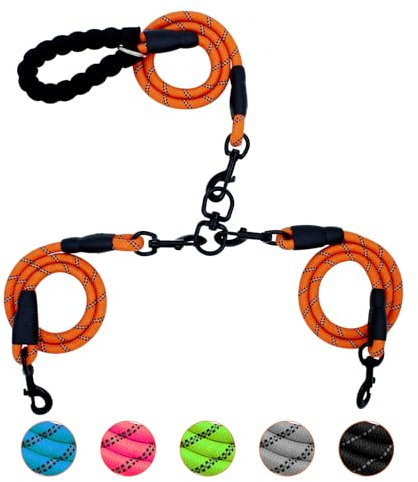 Doppelte Hundeleine, 2-Wege, um 360 Grad drehbar, kein Verheddern, für 2 Hunde, Orange, reflektierende Doppelleine