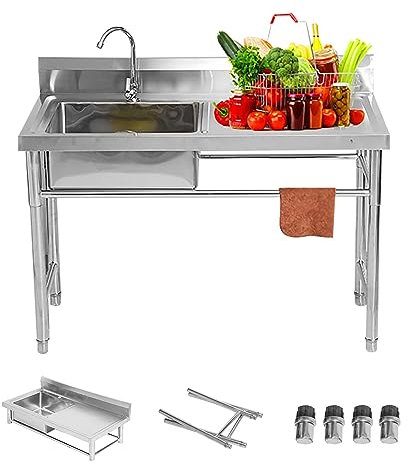 Lavabo di Utilità Lavello Da Giardino Esterno Lavello in Acciaio Inossidabile Robusto E Stabile Lavello Da Cucina Commerciale Indipendente Lavello Da Garage con Rubinetto E Banco Da Lavoro 100x50x80cm