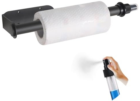 mumisuto Kitchen Roll Paper Holder Under Cabinet with Spray Bottle, Stainless Steel Paper Towel Holder Black Kitchen Roll Holder Wall Mounted Self Adhesive Paper Roll Holder for Kitchen and Bathroom