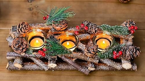 Marco Paul Wooden Triple Glass Tealight Holder - Christmas Table Centrepiece - Votive Candle Holders - Christmas Table Decoration Fireplace, Home Decoration Xmas Tea Light Candle Holders