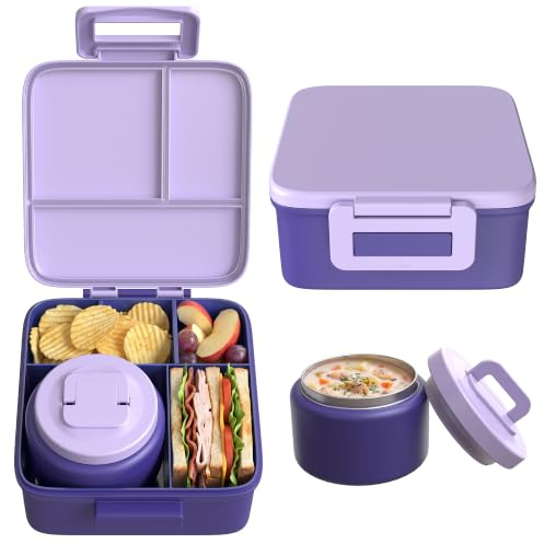 MAISON HUIS Bento Lunch Box with 8oz Soup Thermo, 5-Compartment Leak-Proof Container, Thermo Hot Food Jar and Insulated Lunch Bag, BPA Free,Travel, School (Purple)
