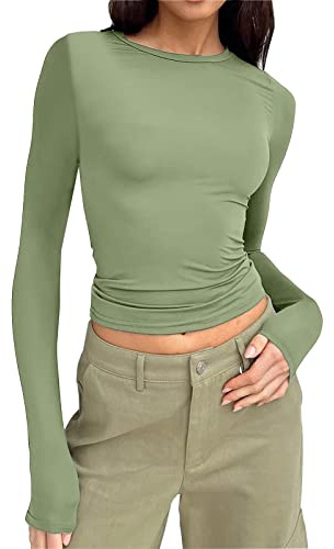 2 piezas para mujer, elegante, manga larga, cuello redondo, camiseta básica, ajustada, ajustada, recortada, entrenamiento, yoga, fiesta, blusa brillante, verde, M