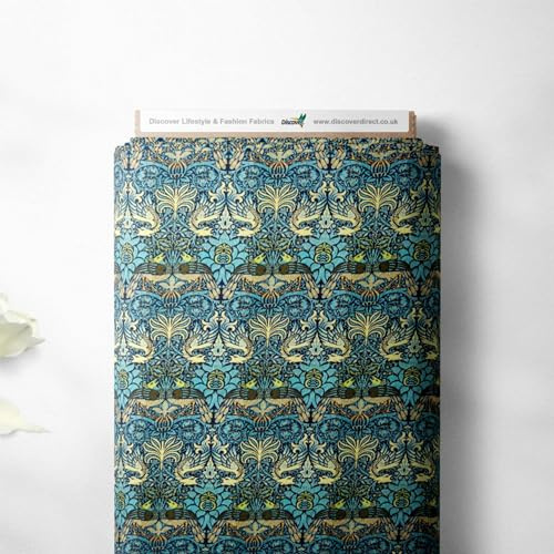 100% Baumwoll-Perkal William Morris Designer Klassisches Gedrucktes Design für Quilten, Basteln, Kleider, Nähqualität Stoffmaterial | 112 cm - 44 breit (pro Meter, Pfau & Drache)