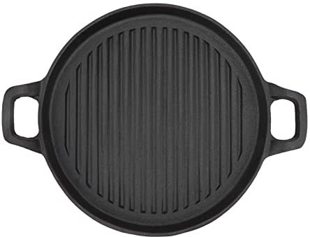 XHTLLO Plancha de Hierro Fundido, Plancha Superior de Estufa Doble con Distribución Uniforme Del Calor Antiadherente de Hierro Fundido, Plancha Redonda de Hierro Fundido Reversible para Cocinar(28CM)