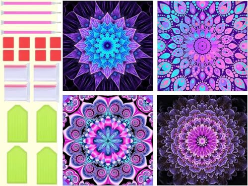 Diamond Painting Lila Mandala Diamant Painting Bilder 4 Stück 20x20cm, DIY 5D Diamond Painting Erwachsene Kinder Voll Eckige Diamant Malere Wohnzimmer Deko Aesthetic, Geschenke für Mama T-2218