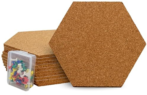 Raylu Paper - Panneaux de Liège Mural Hexagonal Autocollants, 10 Plaques de 6 mm d'Épaisseur, Liège Adhésif Mural, avec 47 Punaises de Couleur (20 cm x 17,5 cm)