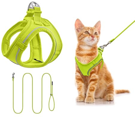 Arnés para Gatos con Correa 255cm XXS (Pecho 27-34cm) Verde Limón | Chaleco de Malla Transpirable y Reflectante, Antiescape Ajustable de Seguridad para Gatitos Pequeños, Paseo y Entrenamiento